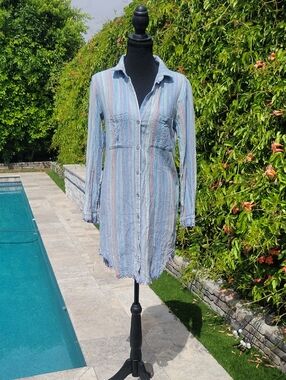 cloth & stone Blue and Pink Striped Button-Down Raw Hem Dress XS